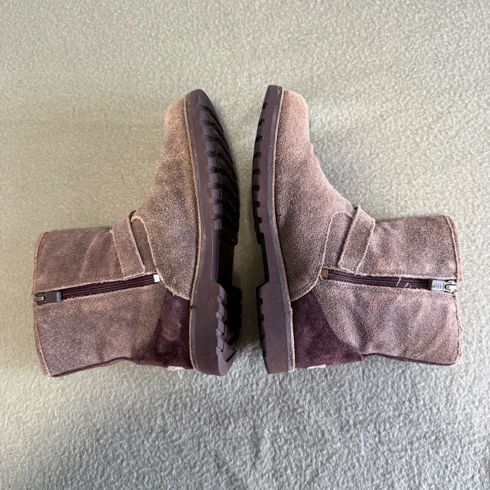 UGG K Harwell Bomber Boots Kids Brown Teak Leather Wool‎ Lining Size 3
